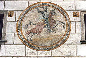 Horní no. 154, courtyard of Hotel Růže, coat-of-arms of the Jesuit order family