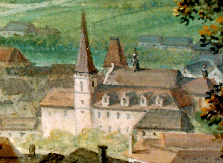 Latrán čp. 50, jižní průčelí konventu, panoráma Českého Krumlova z Křížové hory, výřez , zdroj: St. zámek a hrad ČK, autor: F. Runk, 1. tř. 19. stol.