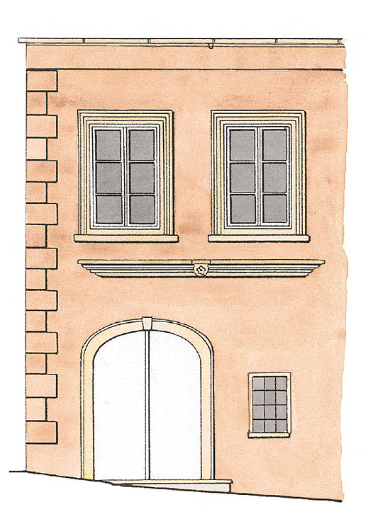 Radniční čp. 29, uliční průčelí levá část, přelom 19. a 20. st. na základě sondážních nálezů , zdroj: Arteco B.M. s.r.o., autor: J. Bloch, L. Tejmarová, 2000