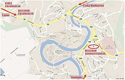 Mapa města Česk&yacute; Krumlov s vyznačen&yacute;mi termin&aacute;ly a parkovi&scaron;těm