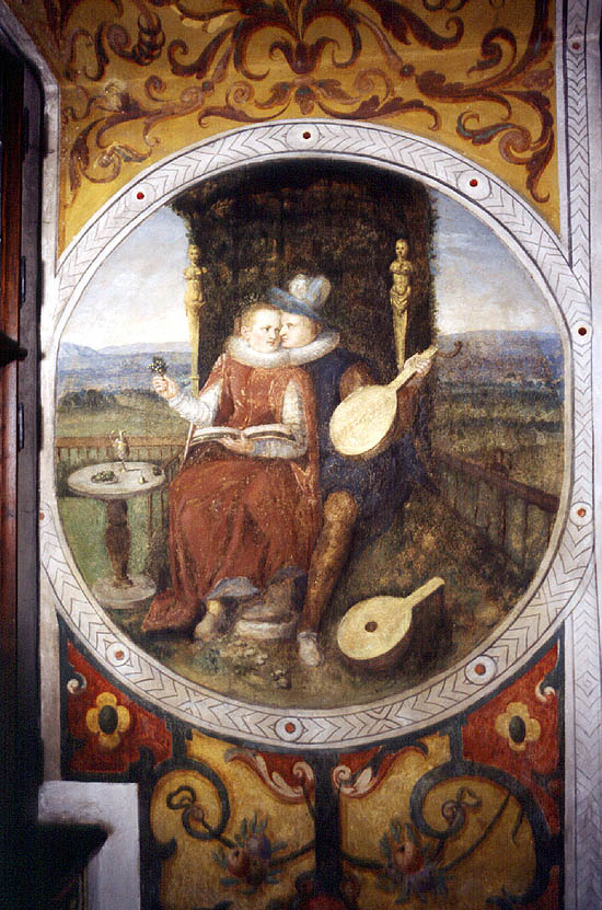 Castle Rožmberk nad Vltavou, Knights' Hall, lovers with lutes, beginning of the 17th century