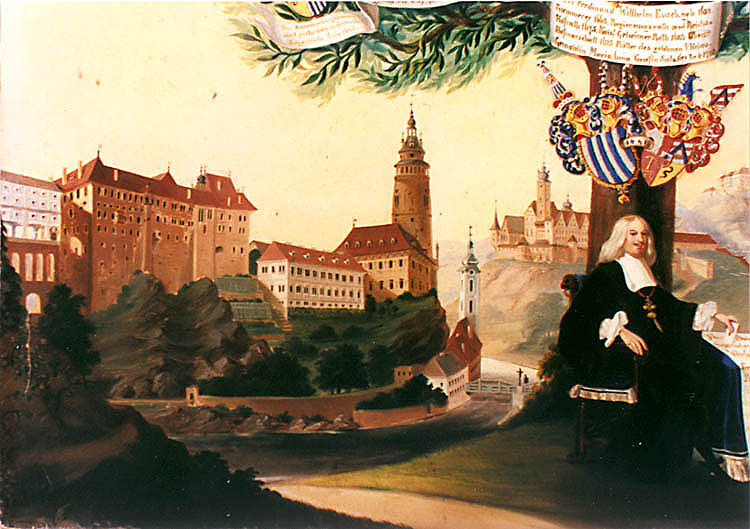 Schwarzenberský rodokmen, detail s pohledem na zámek Český Krumlov
