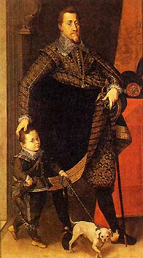 Ferdinand II. von Habsburg, portrait with court jester and dog 