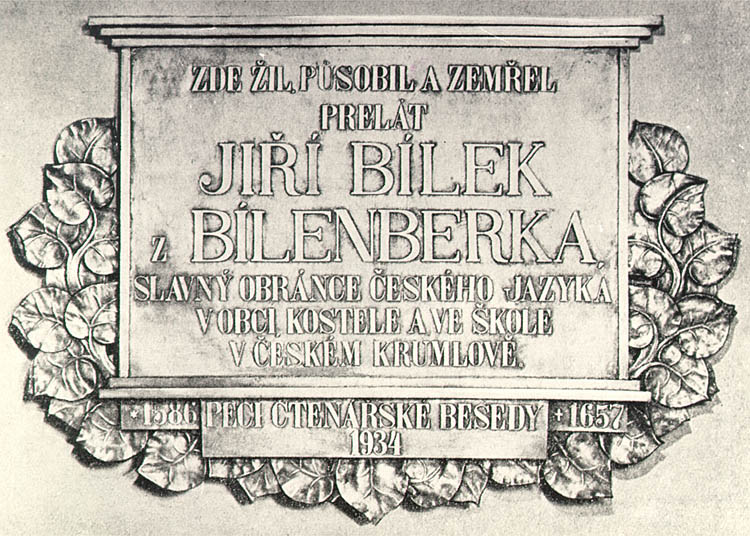 Horní Nr. 155, Prälatur, Gedenktafel des Jiří Bílek z Bílenberku