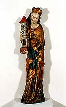 Sv. Barbora, Svatý Tomáš u Frymburka, kolem roku 1380, dřevěná polychromovaná plastika, Stav po restaurování, komplexní restaurátorský zásah Stojan Genčev, Kotangens s.r.o., Praha, 1997 – 1998 