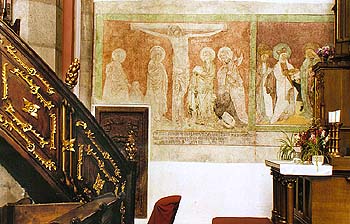 Church of St. Vitus in Český Krumlov, frescos from 1st half of 15th century with scenes: Crucifixion, St. Veronica, St. Elizabeth, St. Magdalena and St. Katherine 