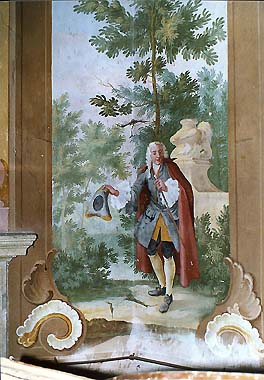 Summer Manor Bellarie in Český Krumlov Castle Gardens, painted decorations - František Jakub Prokyš, second half of 18th century, detail of wall decoration on lower floor, cavalier in gardens 