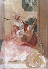 Summer Manor Bellarie in Castle Gardens  in Český Krumlov, painted decorations - František Jakub Prokyš, second half of 18th century, detail of wall decorations on the lower floor, allegory of free arts - music 