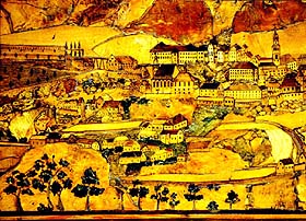 Straw inlay - town, with gardesns in extent from age of last  Rožmberks, around 1670, Castle Č. Krumlov, author: Anonymous  