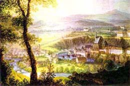 View of town Český Krumlov from Southeast catching area of today´s municipal park after 1800, Chateau Č.Krumlov, author: F. Runk  