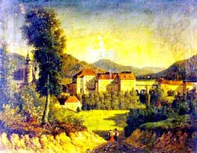 Picture of chateau Český Krumlov from North with part of Jelení garden, half of 18. Century, Chateau Č. Krumlov 