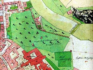 Cut out of indication sketch of Stable register from 1826, catching areal of former minoroty monastery and its garden, 1826, MěU, author: J. Langweil 