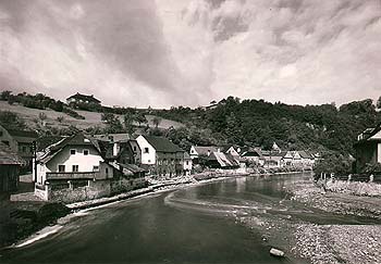 View onto the Vltava River and Rybářská Street in Český Krumlov, historical photo 