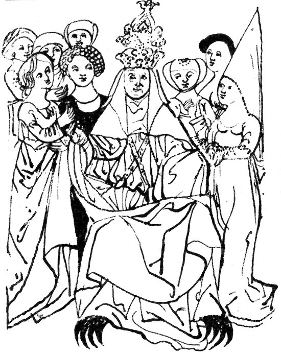 The Pope as the Anticrist acting as the God on Earth surrounded by the women – seducers, source: Toulky českou minulostí II, Petr Hora, 1991, ISBN - 80 - 208 - 0111 - 1