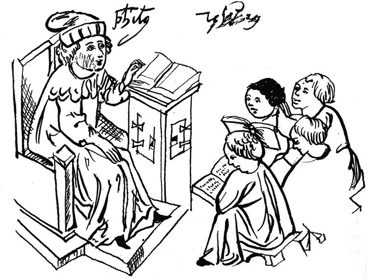 Zeitgenössische Momentaufnahme von der Schule. Die Schüler verfolgen die Lektüre aus geliehenen Büchern, der Lehrer sitzt vor ihnen auf einem Schreiberstuhl - Katheder, Quell: Toulky českou minulostí II, Petr Hora, 1991, ISBN - 80 - 208 - 0111 - 1