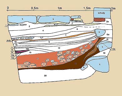 House No. 20 in Panská Street . The archaeological documentation of the section through the preserved layers in the interior filling of the half-ground building dating from the end of the 13th century. Drawing: M. Erneé. 