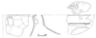 Keramikgefäß mit Henkel aus der jüngeren Bronzezeit aus dem Objekt Nr. 22 (links) und eine mit Stempeln und Gravur geschmückte Keramikschüssel aus der Spät-Hallstattzeit (rechts). Nach P. Zavřel 