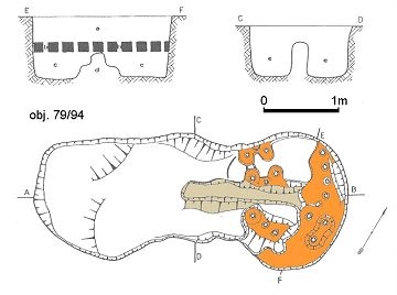 Zeichnerische Dokumentation des keltischen Töpferofens – orangefarben ist der Rest eines Keramikrostes markiert, auf dem die gebrannten Töpfe standen. Nach P. Zavřel. 