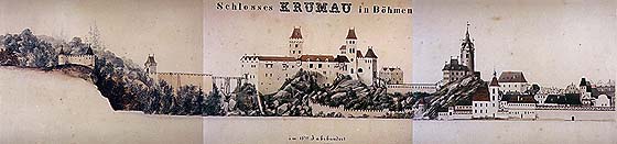 Zeitgenössische Abbildung der Bauentwicklung des Schlosses Český Krumlov 