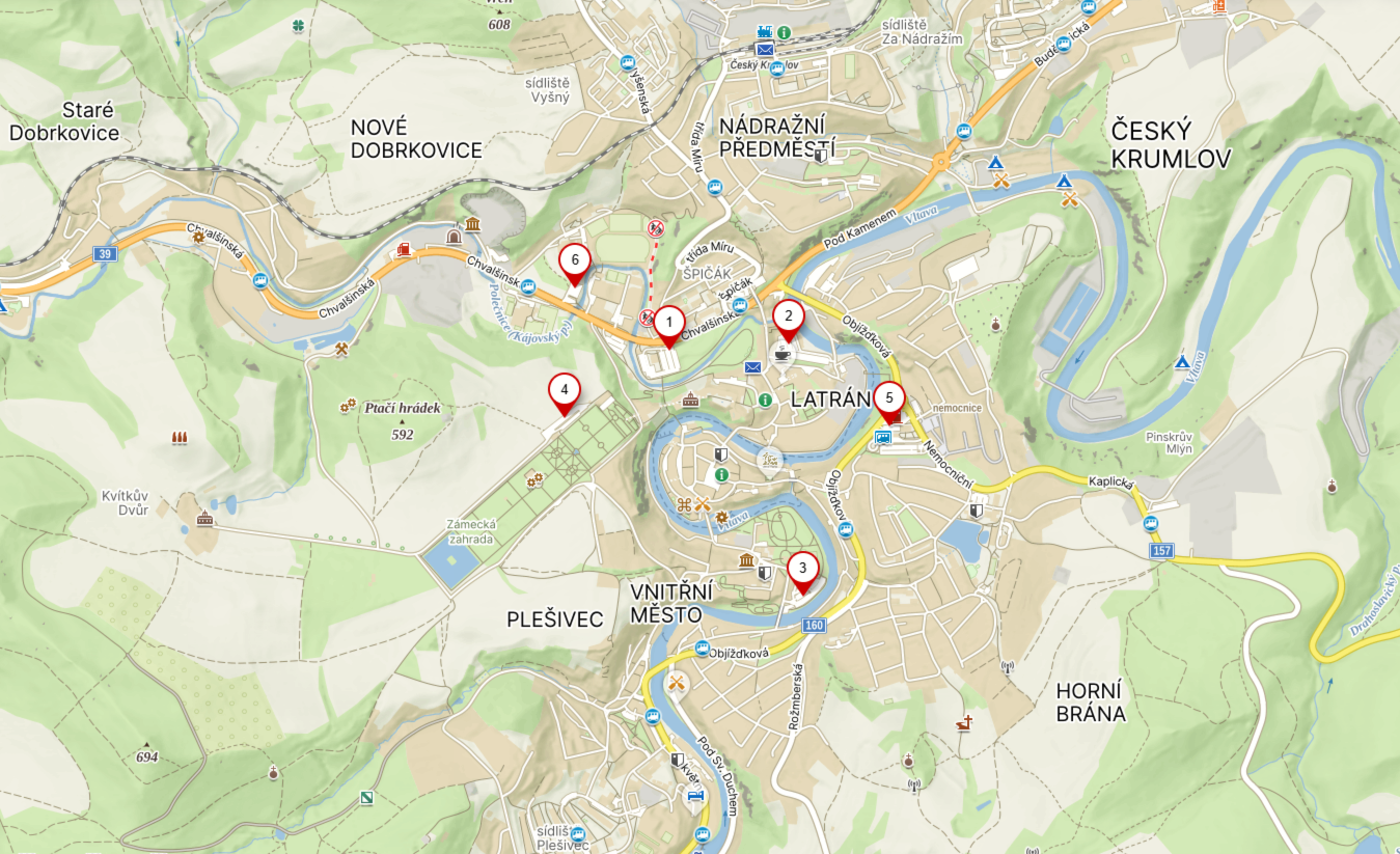 Mapa – parkoviště P1–P7 Český Krumlov, zdroj: Mapy.cz