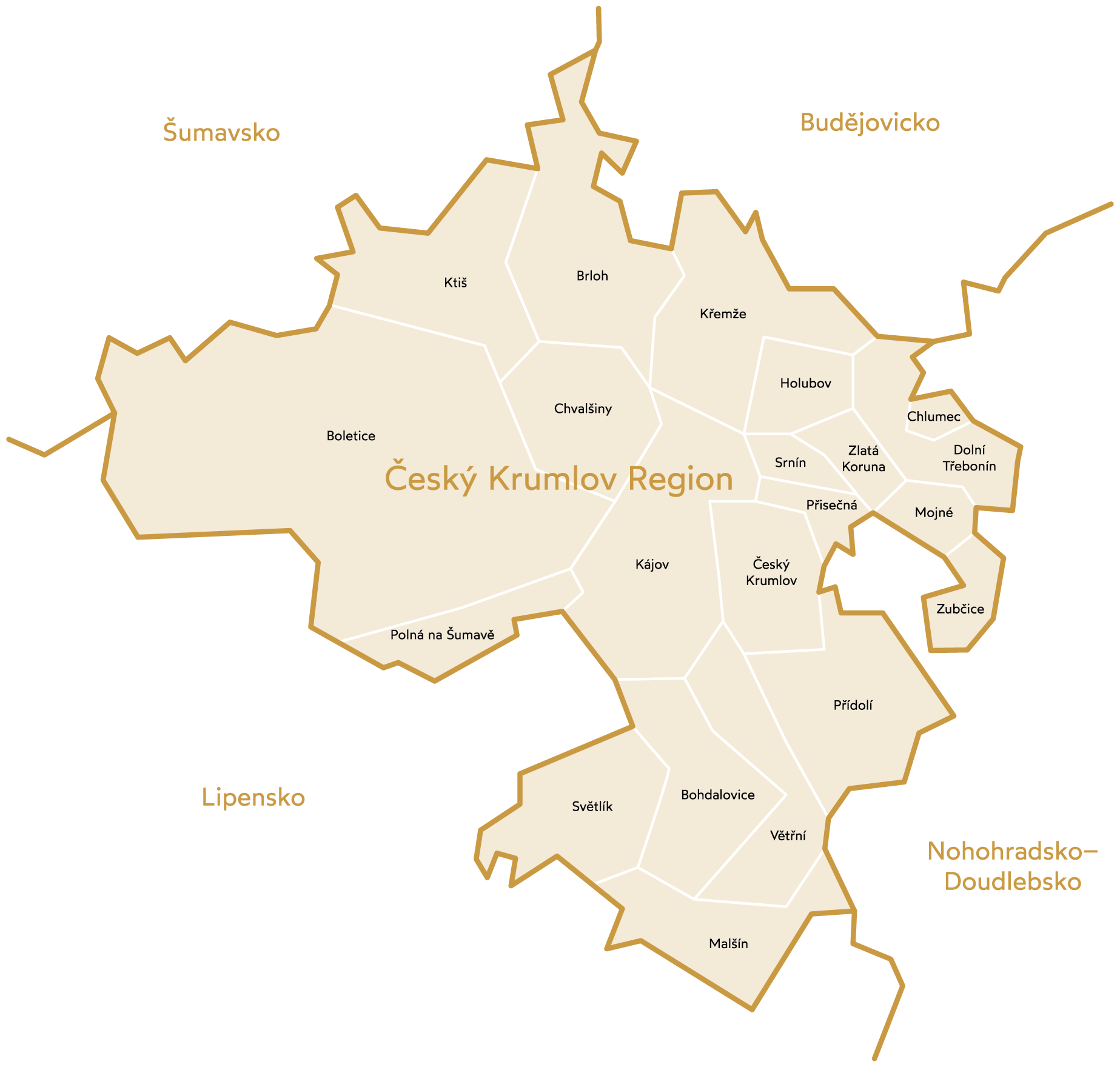 Mapa turistické oblasti Český Krumlov Region, zdroj: DMO Český Krumlov Region, z. s.
