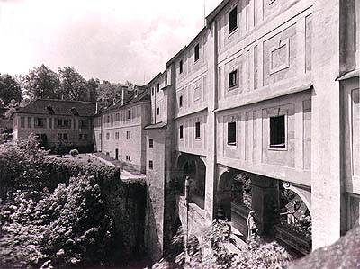 Connecting corridor - section leading from Renaissance House and Castle Theatre on the 5th courtyard of Český Krumlov Castle in two floors above the Cloak Bridge, historical photo 