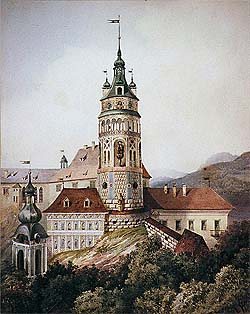 Zámek č. p. 59 - Hrádek, Karel Zenker, 1843, pohled na Hrádek a zámeckou věž 